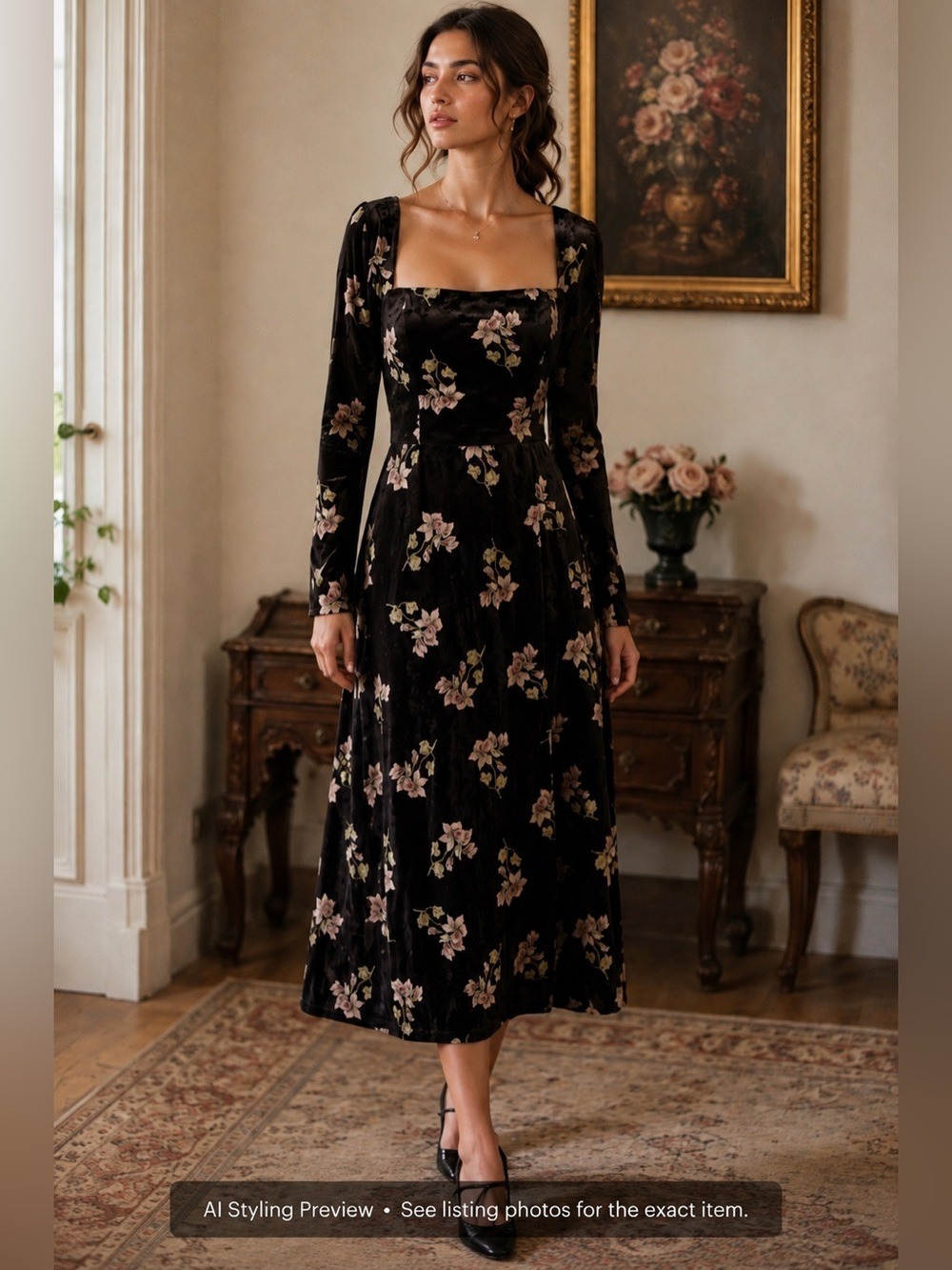 Hutch XS-S Black Floral Crushed Velvet Midi Dress Square Neck Dark Romance